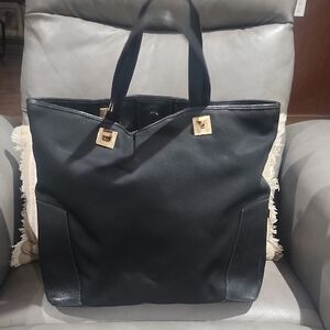 Salvatore Ferragamo Leather And Canvas Black Tote with Gold Details
